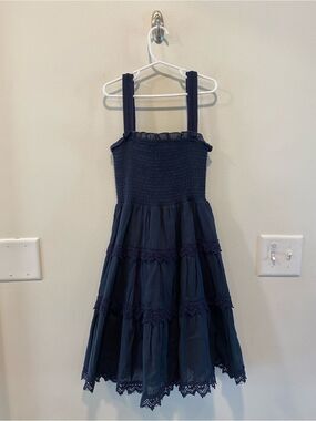 Katie J NYC tiered smocked dress girls size Large 12 navy blue preppy elle dress